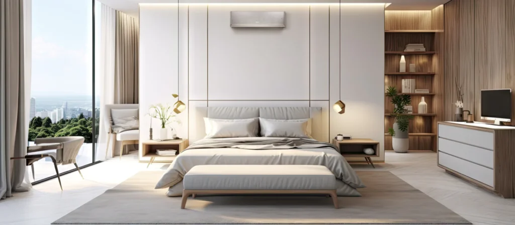 Gree Airy Black virš lovos moderniame miegamajame