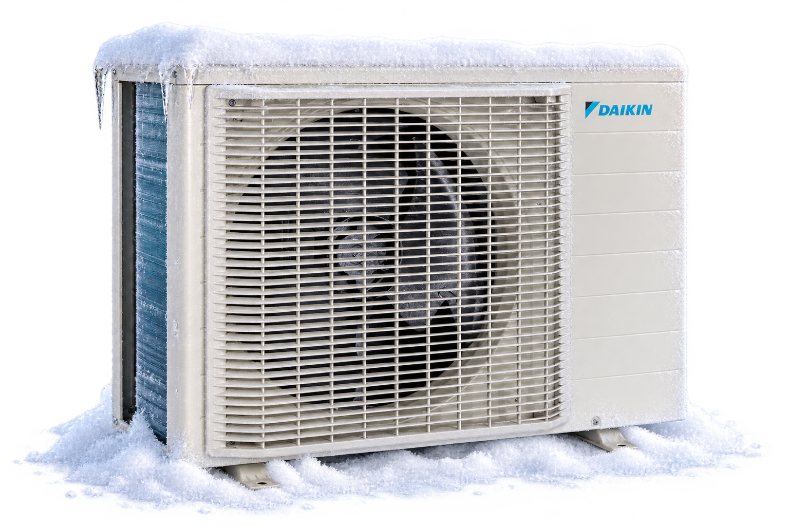 Apsnigtas Daikin Perfera lauko blokas su natūraliais šešėliais