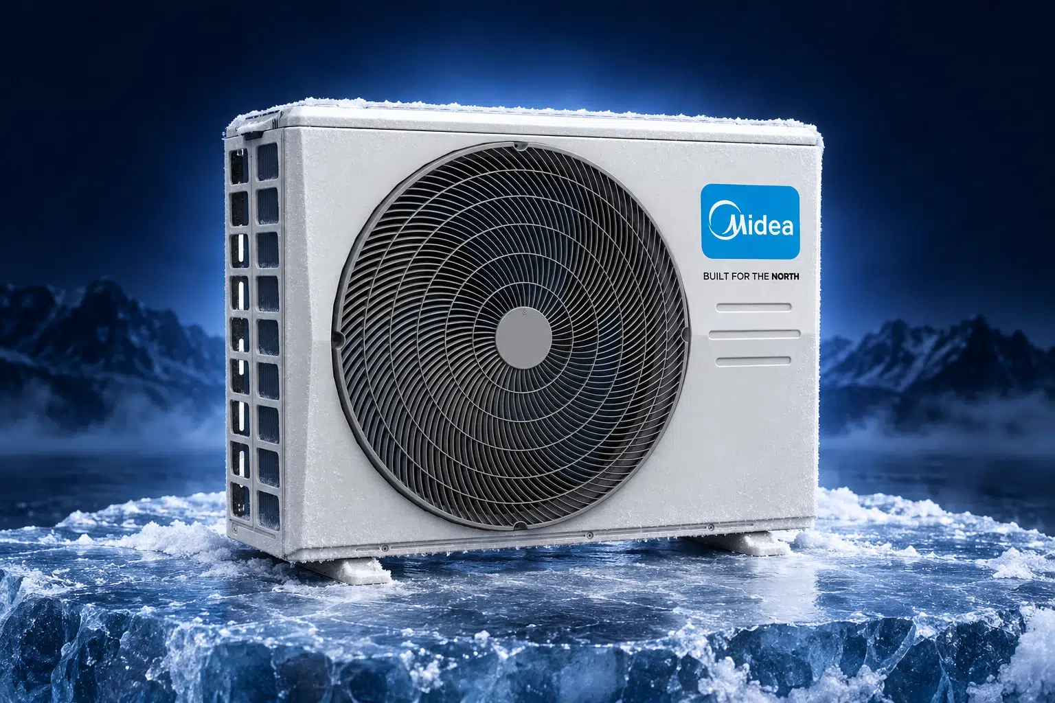 Midea Raynor Nordic šilumos siurblio lauko blokas ant arktinio ledo tamsiai mėlyname fone