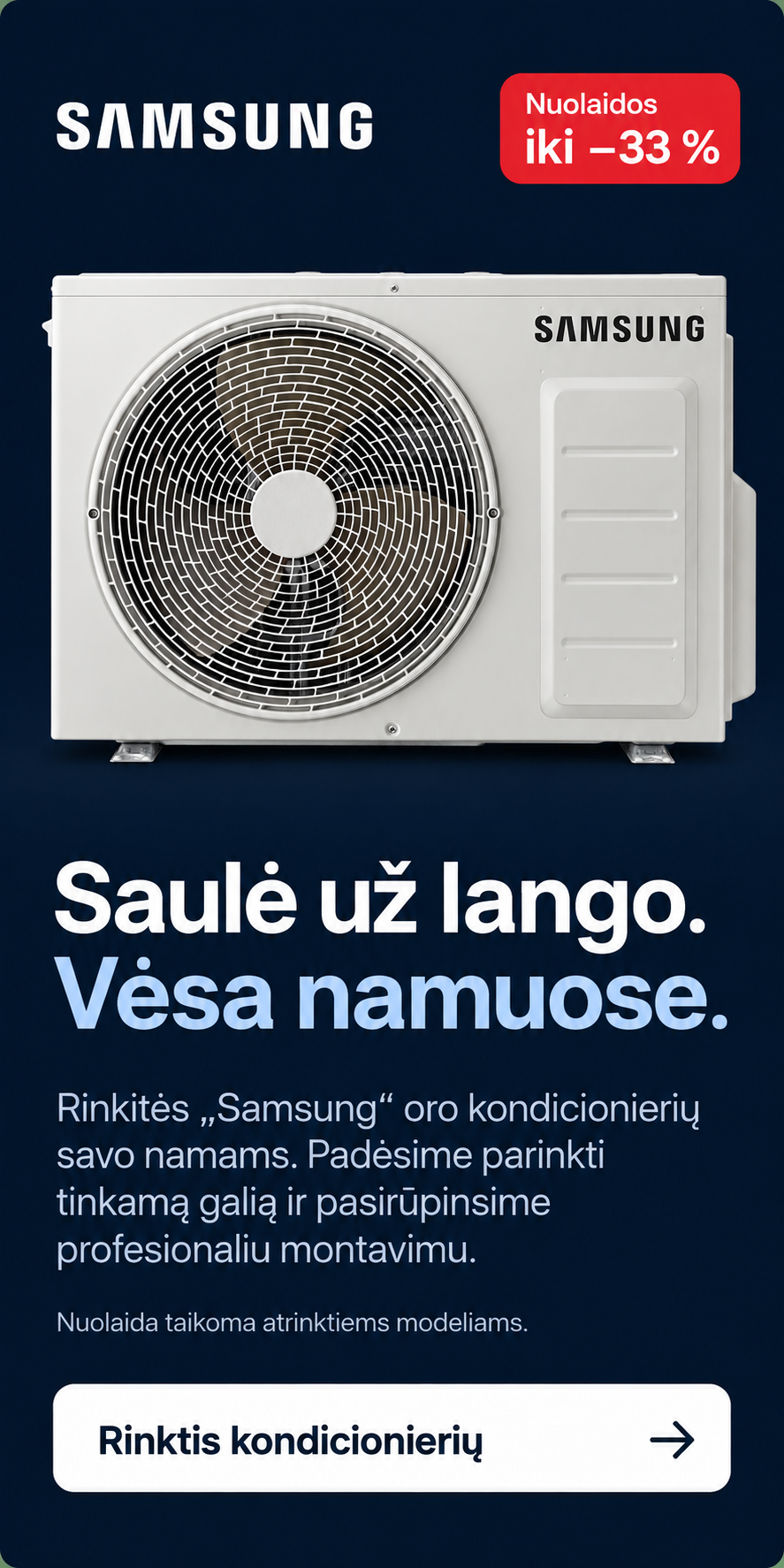 Samsung oro kondicionieriaus lauko blokas tamsiai mėlyname fone