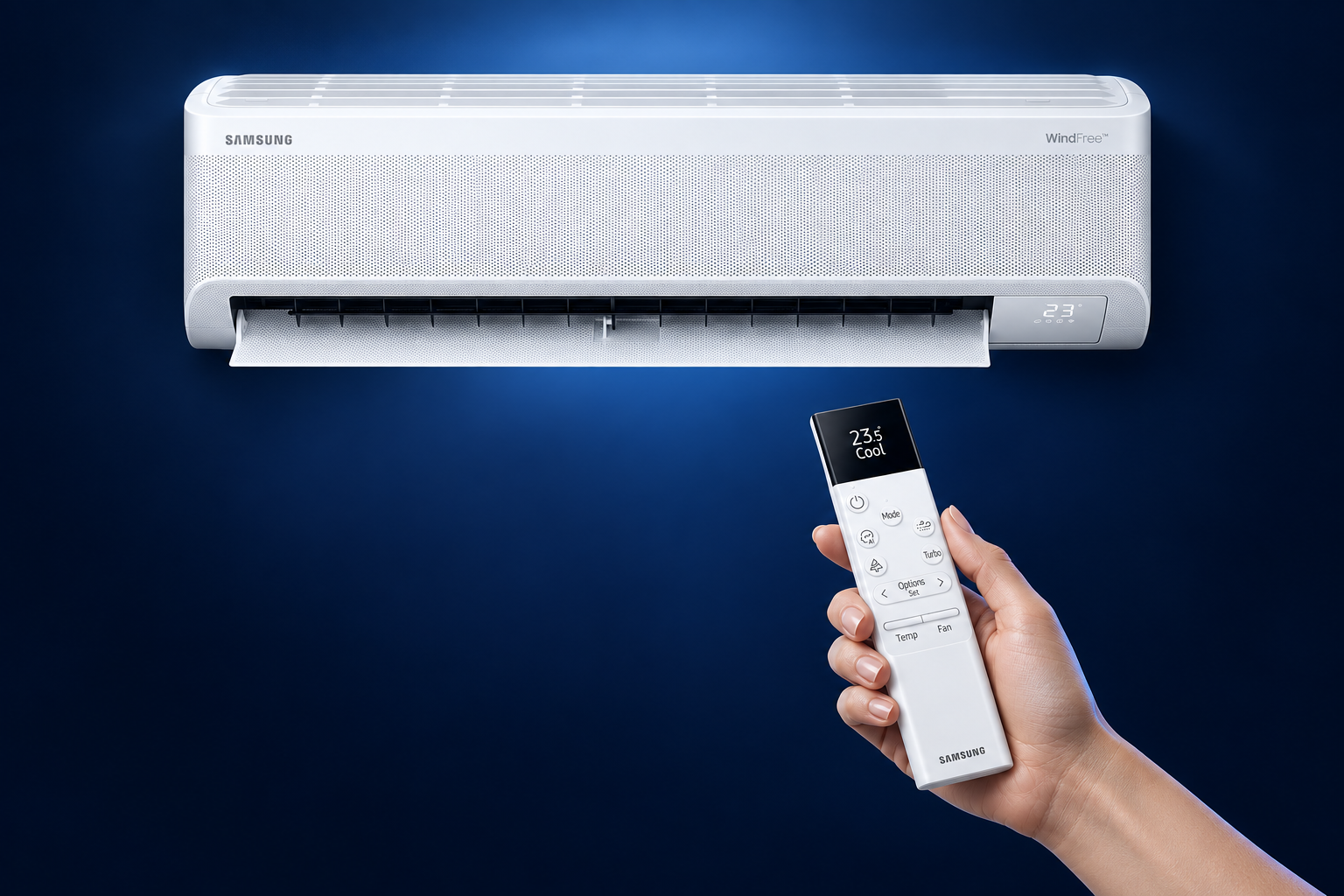 Moters ranka laiko Samsung pultelį, nukreiptą į baltą WindFree kondicionierių