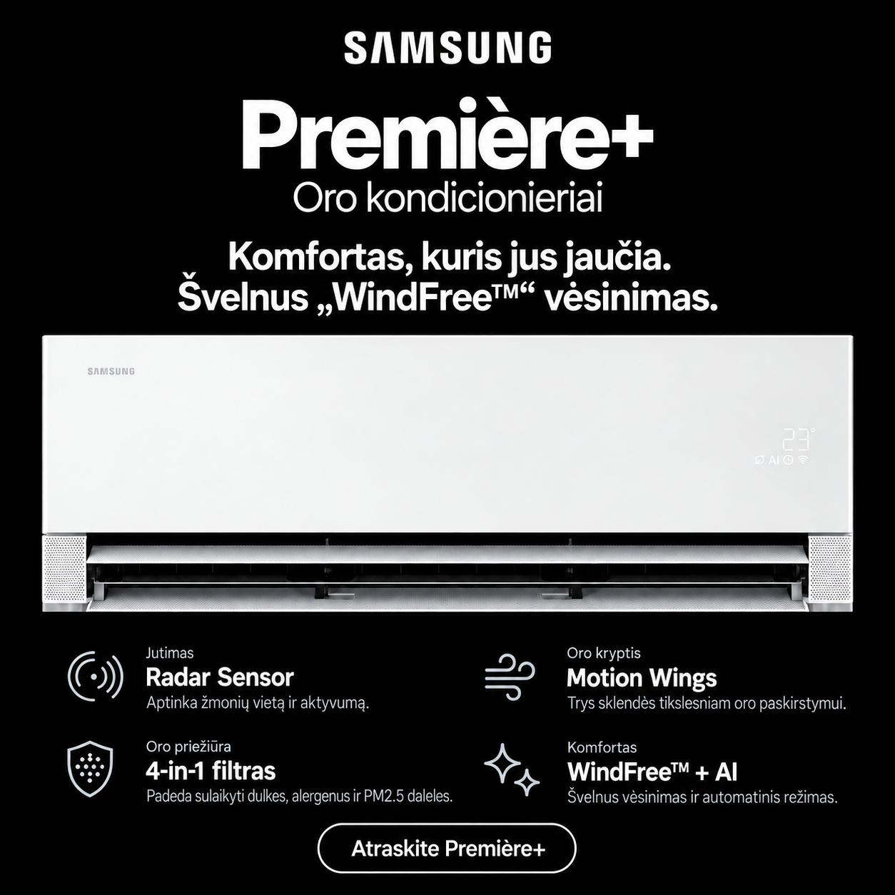 Samsung Première+ oro kondicionieriai – atraskite WindFree seriją